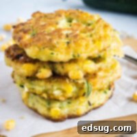Sweet Corn and Zucchini Fritters 2 A stack of four zucchini and corn fritters, golden and inviting.