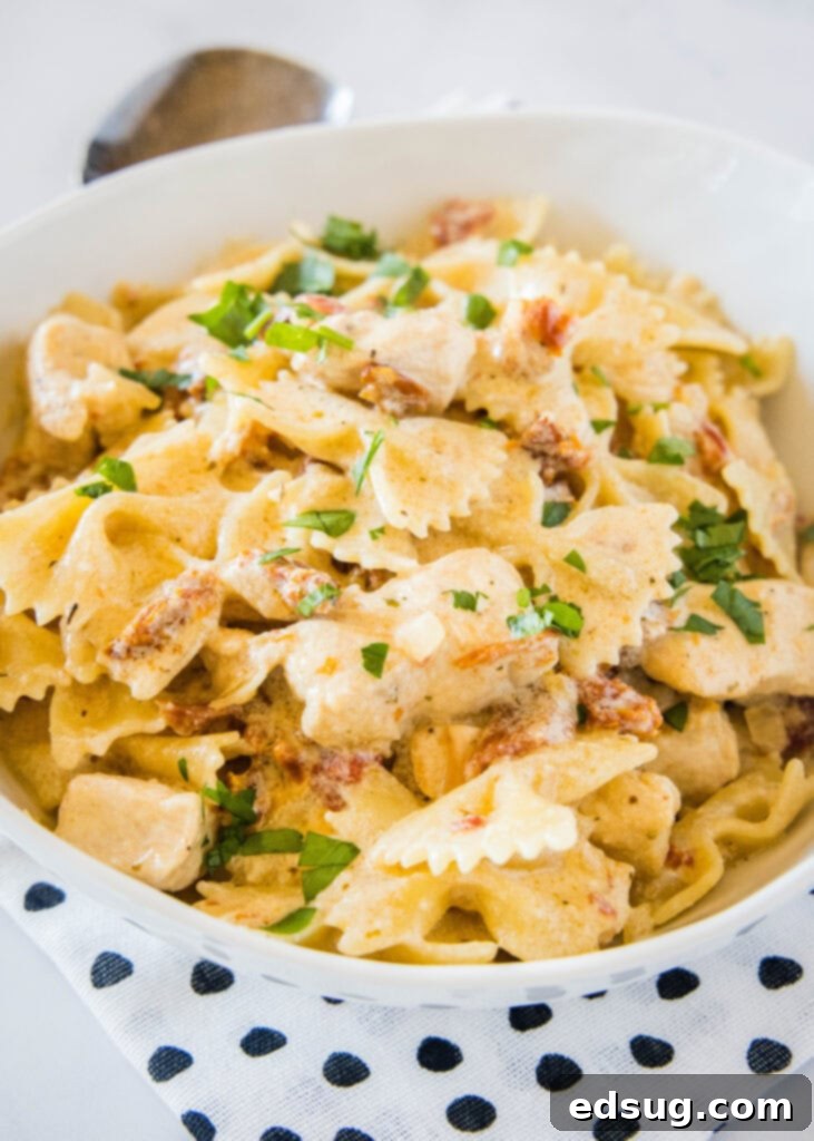 Sun Kissed Tomato Pasta 2 A vibrant serving bowl brimming with creamy sun-dried tomato chicken pasta, ready to be enjoyed.