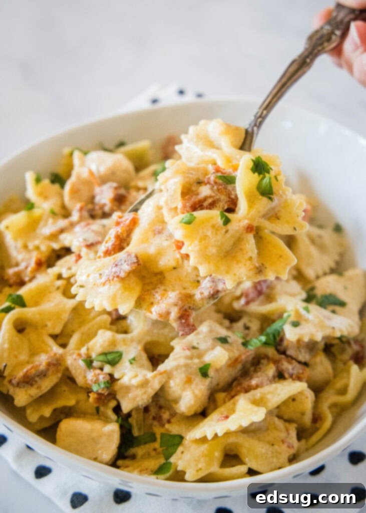 Sun Kissed Tomato Pasta 4 A serving spoon lifting a portion of sun-dried tomato chicken pasta, showing the creamy sauce and ingredients.
