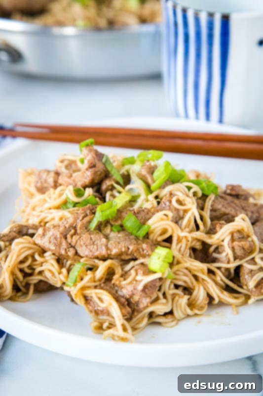 Close-up of Five Spice Pork Lo Mein on a white plate with chopsticks, showing texture