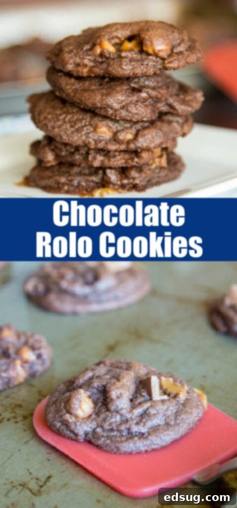 Molten Rolo Chocolate Cookies 2 Close-up of a stack of fudgy chocolate Rolo cookies with melted caramel for a Pinterest pin.