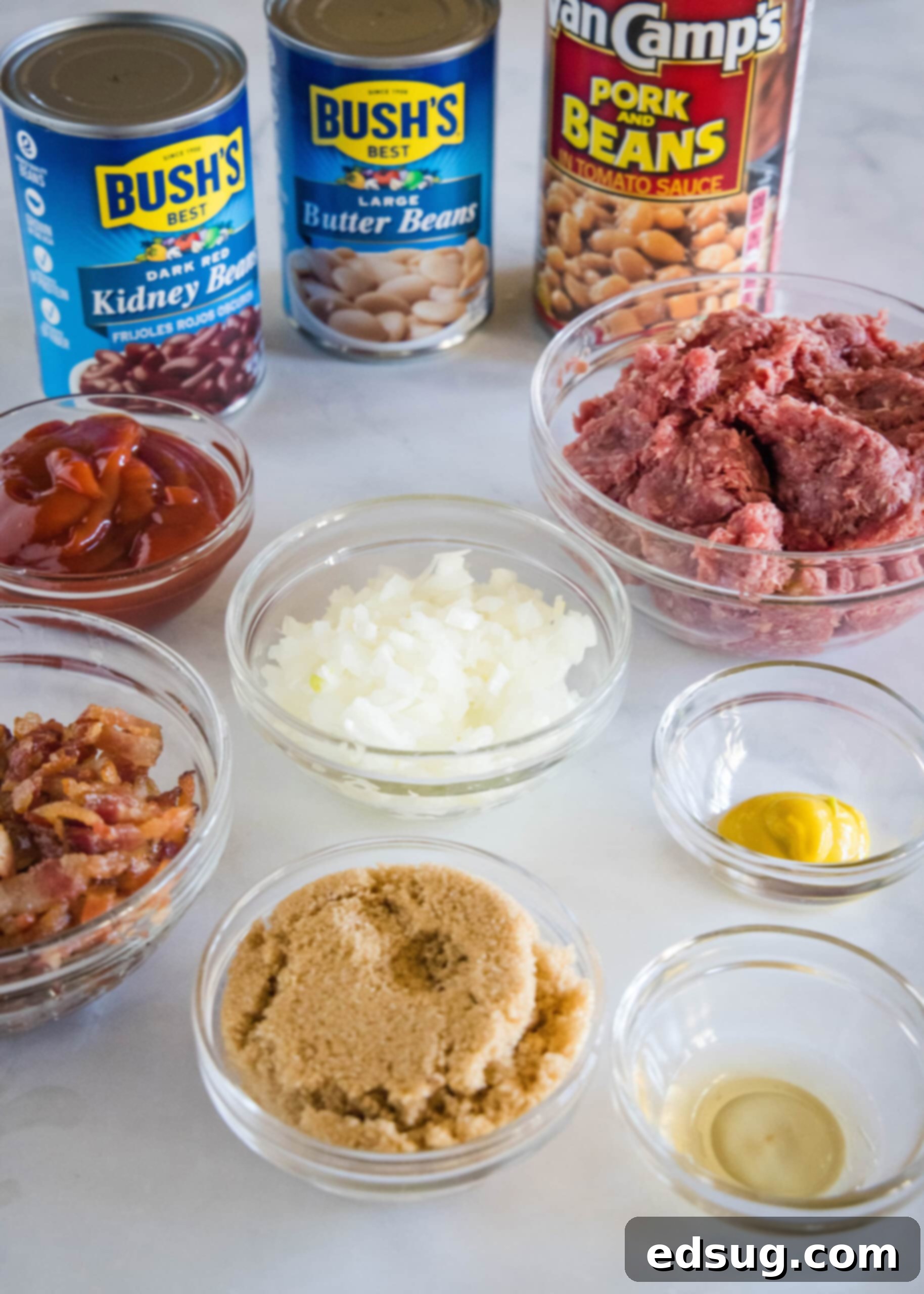 This hearty calico beans recipe is a sweet n' smoky side dish perfect for cookouts, potlucks, and holidays. Make it in the oven or crock pot! Ingredients for calico beans.