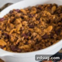 Cowboy Beans 2 Calico beans in a large ceramic baking dish.