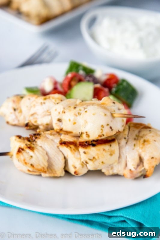 Zesty Chicken Souvlaki Skewers Paired with Creamy Tzatziki 2 Chicken souvlaki with tzatziki sauce served with greek salad