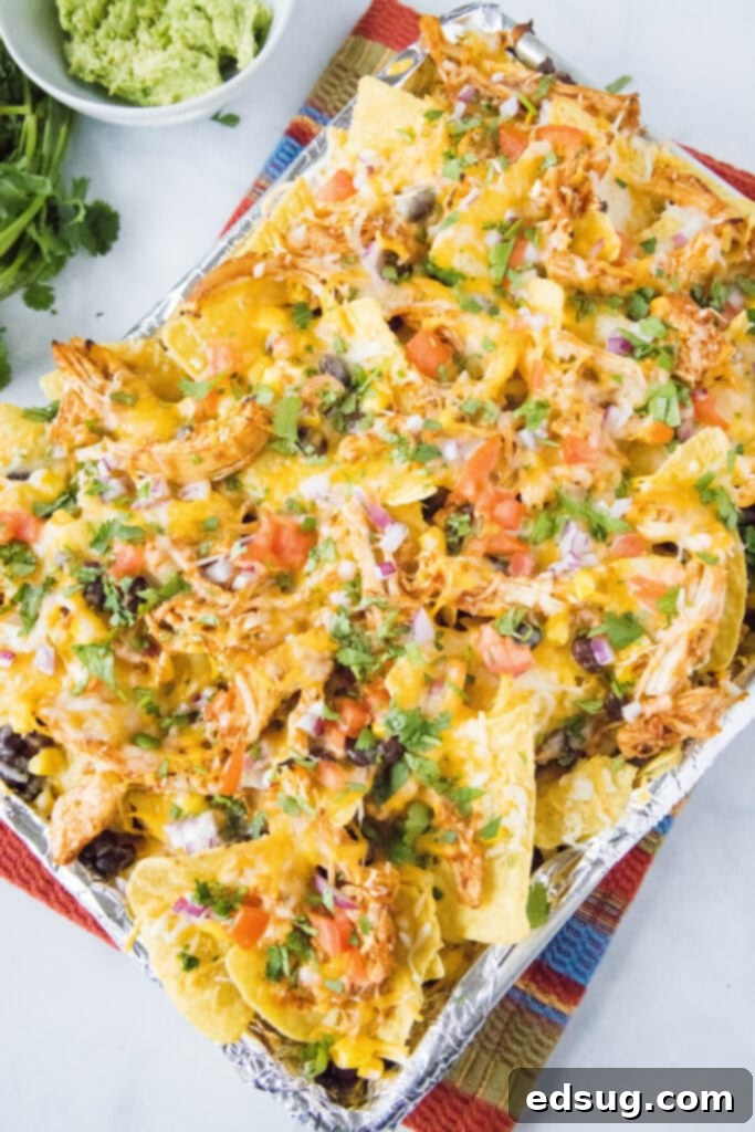 Smoky BBQ Chicken Nachos 6 looking down on a baking sheet with bbq chicken nachos