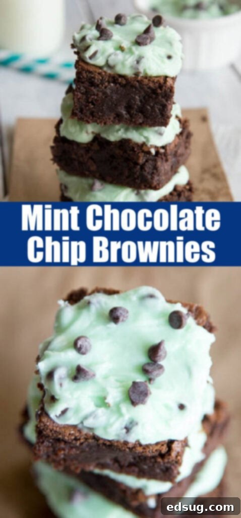 Close up view of mint chocolate chip brownies, showing the thick green frosting and scattered chocolate chips