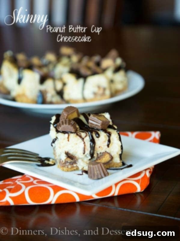 Guilt-Free Peanut Butter Cup Cheesecake 2 skinny peanut butter cup cheesecake on a plate