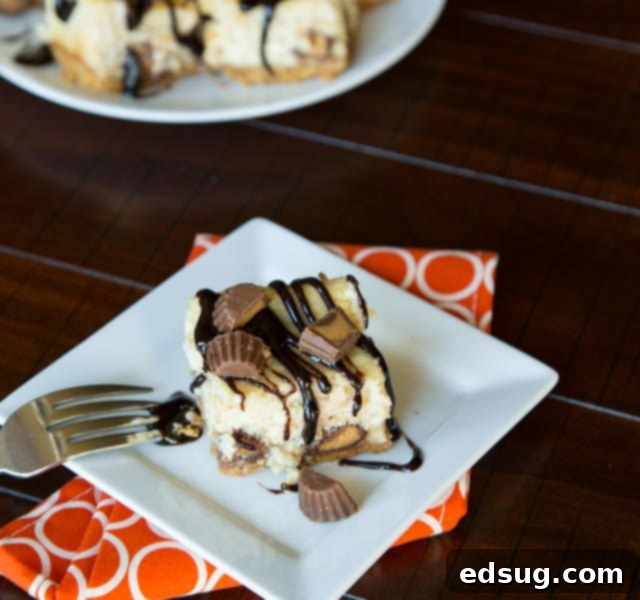 Guilt-Free Peanut Butter Cup Cheesecake 4 skinny peanut butter cup cheesecake on a plate