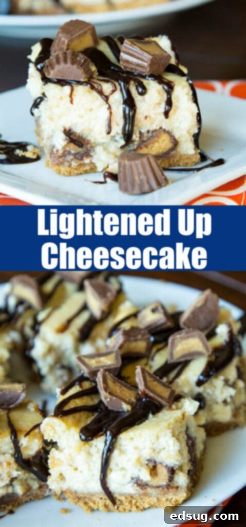 Guilt-Free Peanut Butter Cup Cheesecake 5 cheesecake bars close up for pinterest