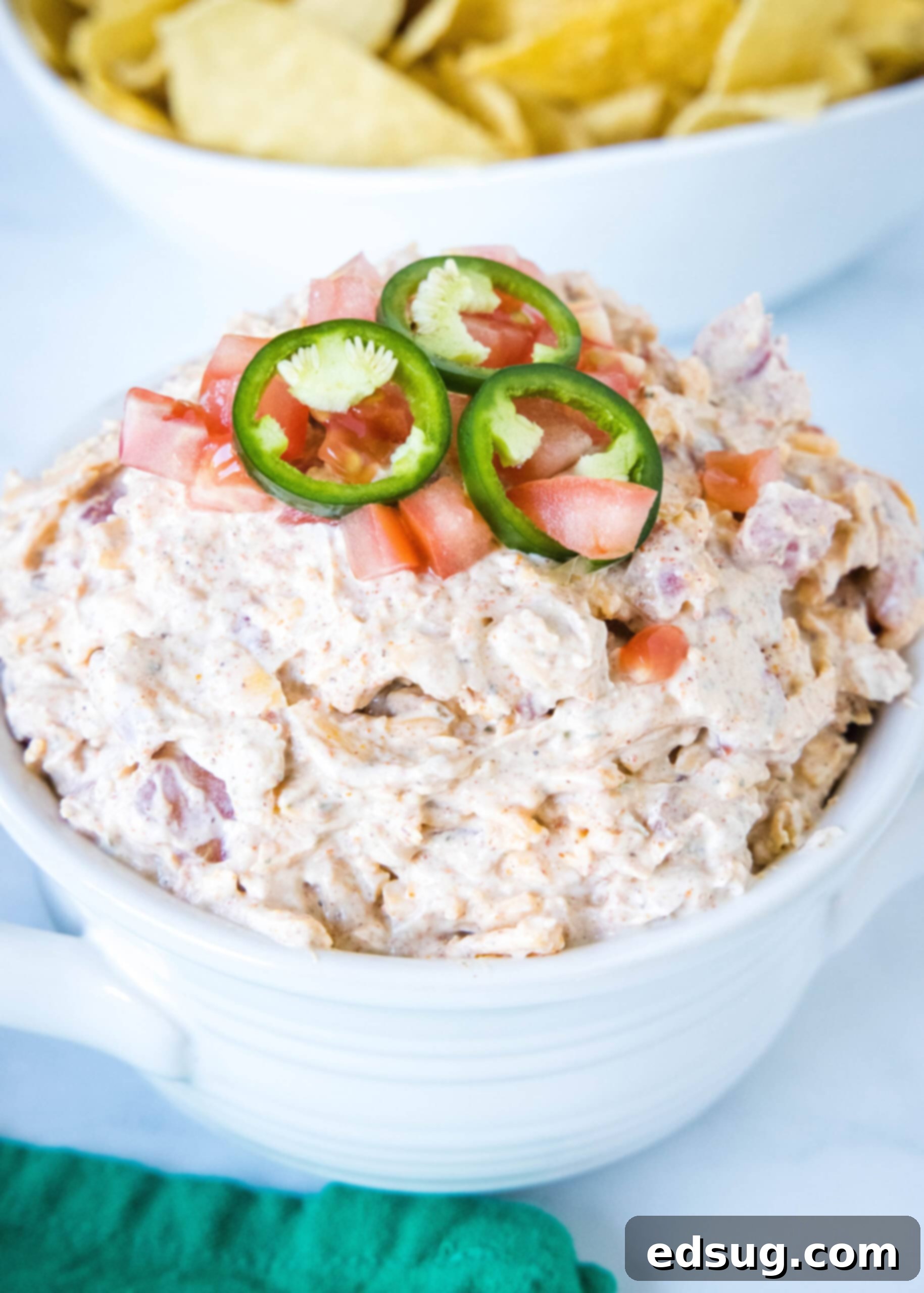 Boat dip is a cool, creamy taco dip inspired by the viral TikTok recipe! It's the perfect easy appetizer for your next summer BBQ or potluck. A white bowl of boat dip topped with sliced jalapeños, accompanied by a basket of tortilla chips in the background.
