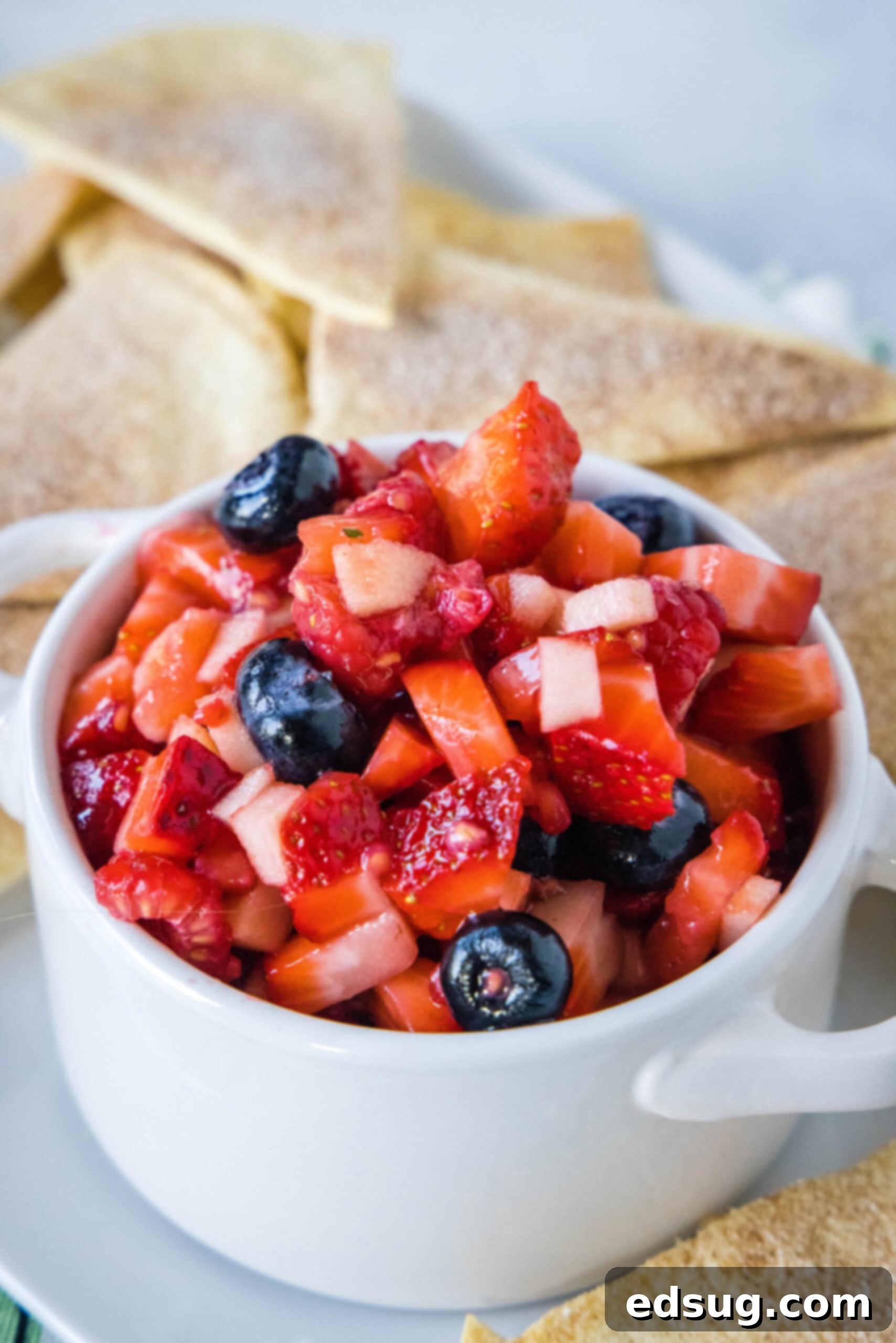 This fruit salsa is a sweet summer salsa recipe bursting with fresh seasonal berries. Serve it with cinnamon chips for a light and easy snack! Fruit salsa in a white ceramic serving bowl with two handles, surrounded by cinnamon chips.