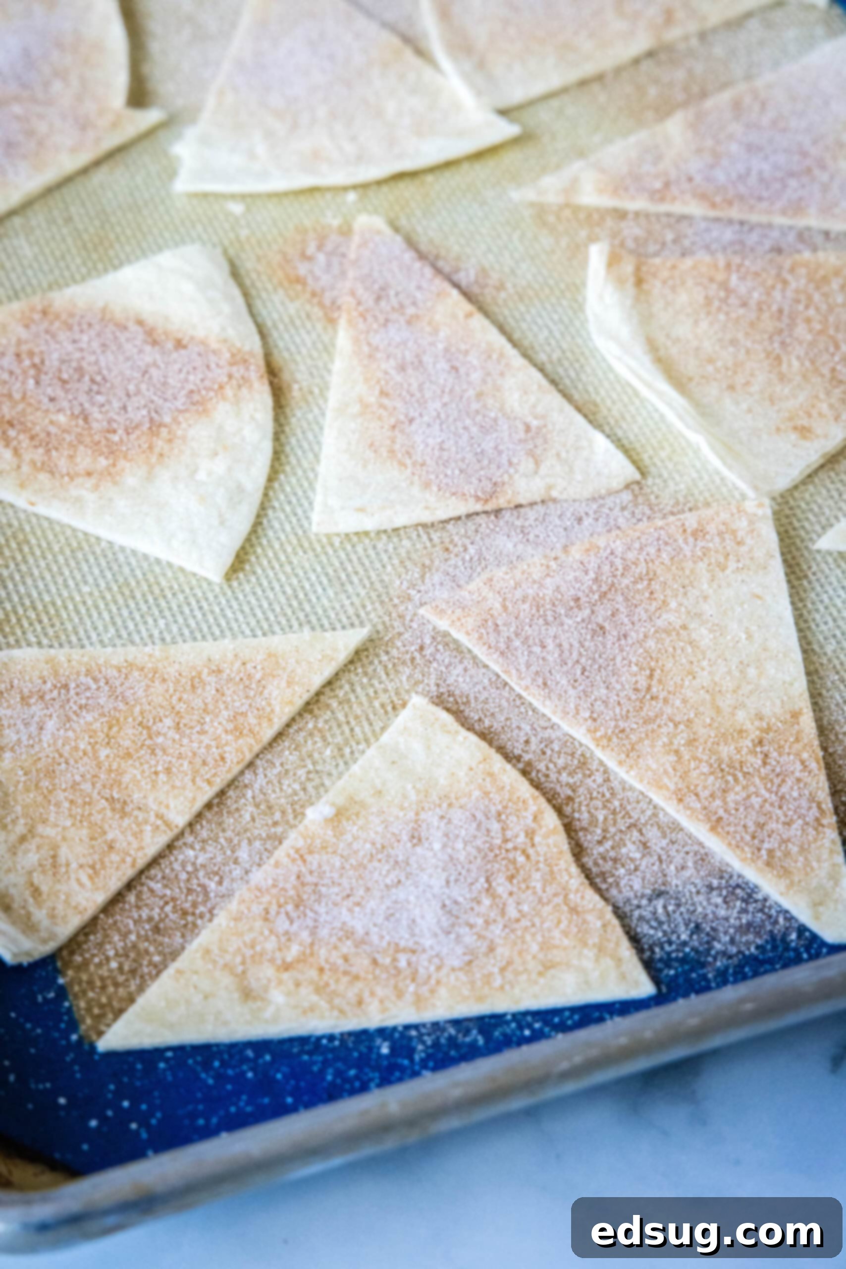 This fruit salsa is a sweet summer salsa recipe bursting with fresh seasonal berries. Serve it with cinnamon chips for a light and easy snack! Cinnamon tortilla chips coated with cinnamon sugar on a baking sheet.