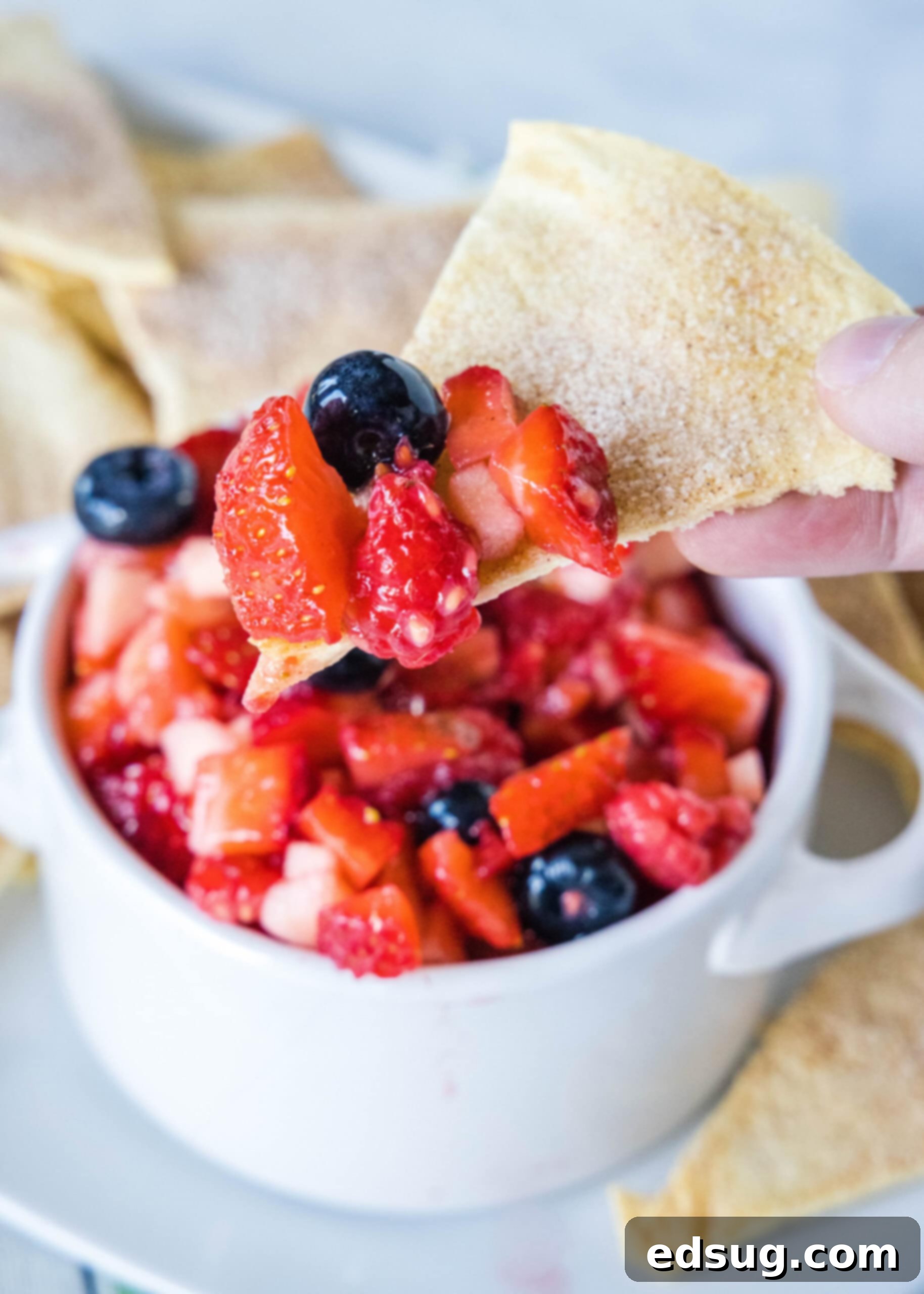 This fruit salsa is a sweet summer salsa recipe bursting with fresh seasonal berries. Serve it with cinnamon chips for a light and easy snack! Fruit salsa in a white ceramic serving bowl with two handles, surrounded by cinnamon chips.