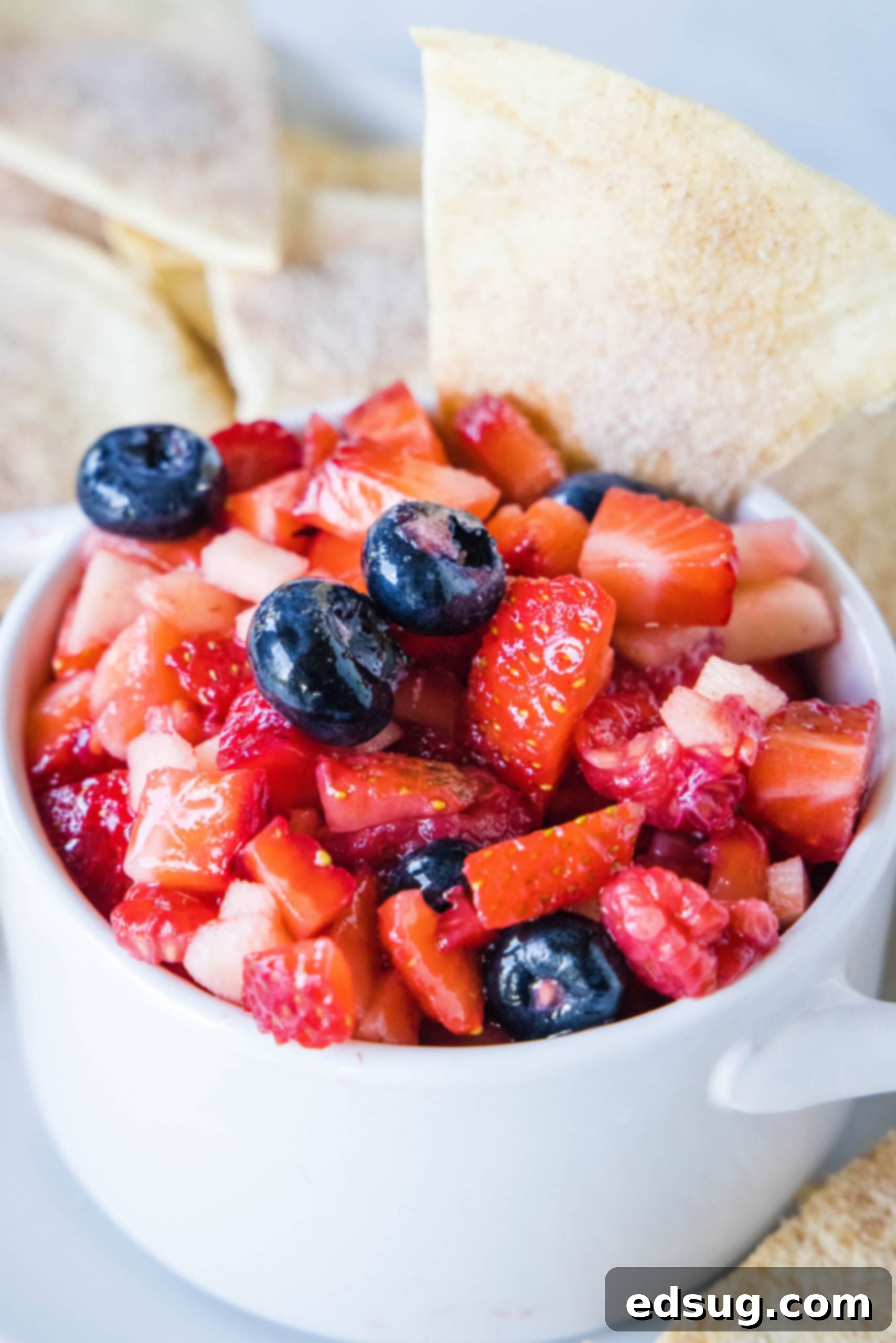 This fruit salsa is a sweet summer salsa recipe bursting with fresh seasonal berries. Serve it with cinnamon chips for a light and easy snack! Fruit salsa in a white ceramic serving bowl with two handles, with cinnamon chips in the background.