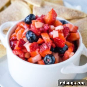 Fruit salsa in a white ceramic serving bowl with two handles, surrounded by cinnamon chips.