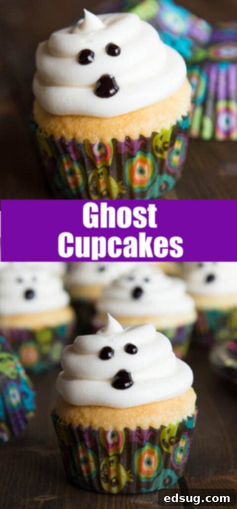cupcakes with ghost frosting on a table for a Halloween party