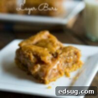 Pumpkin Caramel Layer Bars {Dinners, Dishes, and Desserts} - A top-down view of the freshly baked bars, ready to be sliced