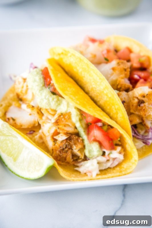 Zesty Fish Tacos 2 Easy cod fish tacos in corn tortillas, garnished with lime and fresh toppings