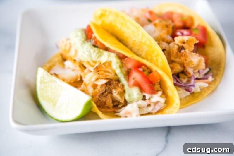 Zesty Fish Tacos 5 Easy Fish Tacos - a super easy, healthy, and delicious cod fish taco recipe. Topped with a fresh Mexican coleslaw, pico de gallo, and a roasted poblano fish taco sauce.