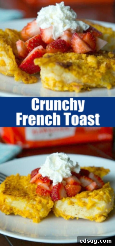 Golden Crunch Hawaiian French Toast 4 close up french toast on a plate topped with strawberries