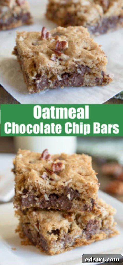 Close-up image of a perfectly sliced oatmeal chocolate chip bar, showing its thick, chewy texture with melted chocolate chips.