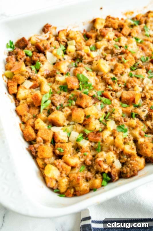 Savory Sausage Mix 6 A casserole dish filled with cooked, golden-brown sausage stuffing, fresh from the oven and ready to eat.