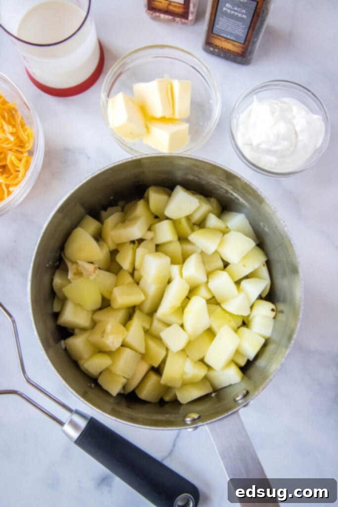 Ultimate Cheesy Mashed Potatoes 4 cooked potatoes in a pot ready to add butter and sour cream to
