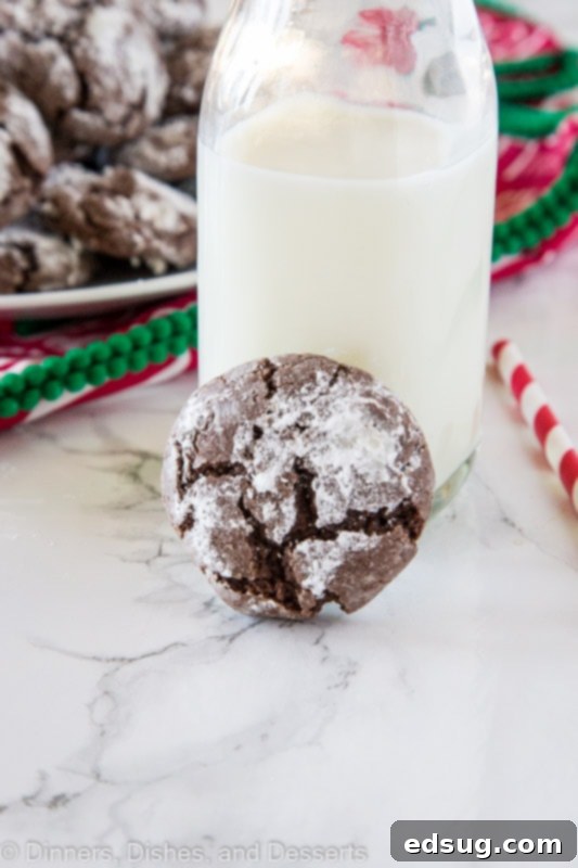 Snow-Dusted Chocolate Crinkles 4 A close up of a chocolate crinkle cookie next to a glass of milk, invitingly placed