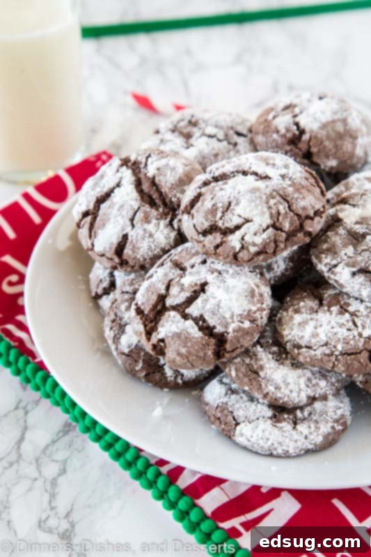 Snow-Dusted Chocolate Crinkles 5 A beautifully arranged plate of chocolate crinkle cookies with prominent powdered sugar cracks
