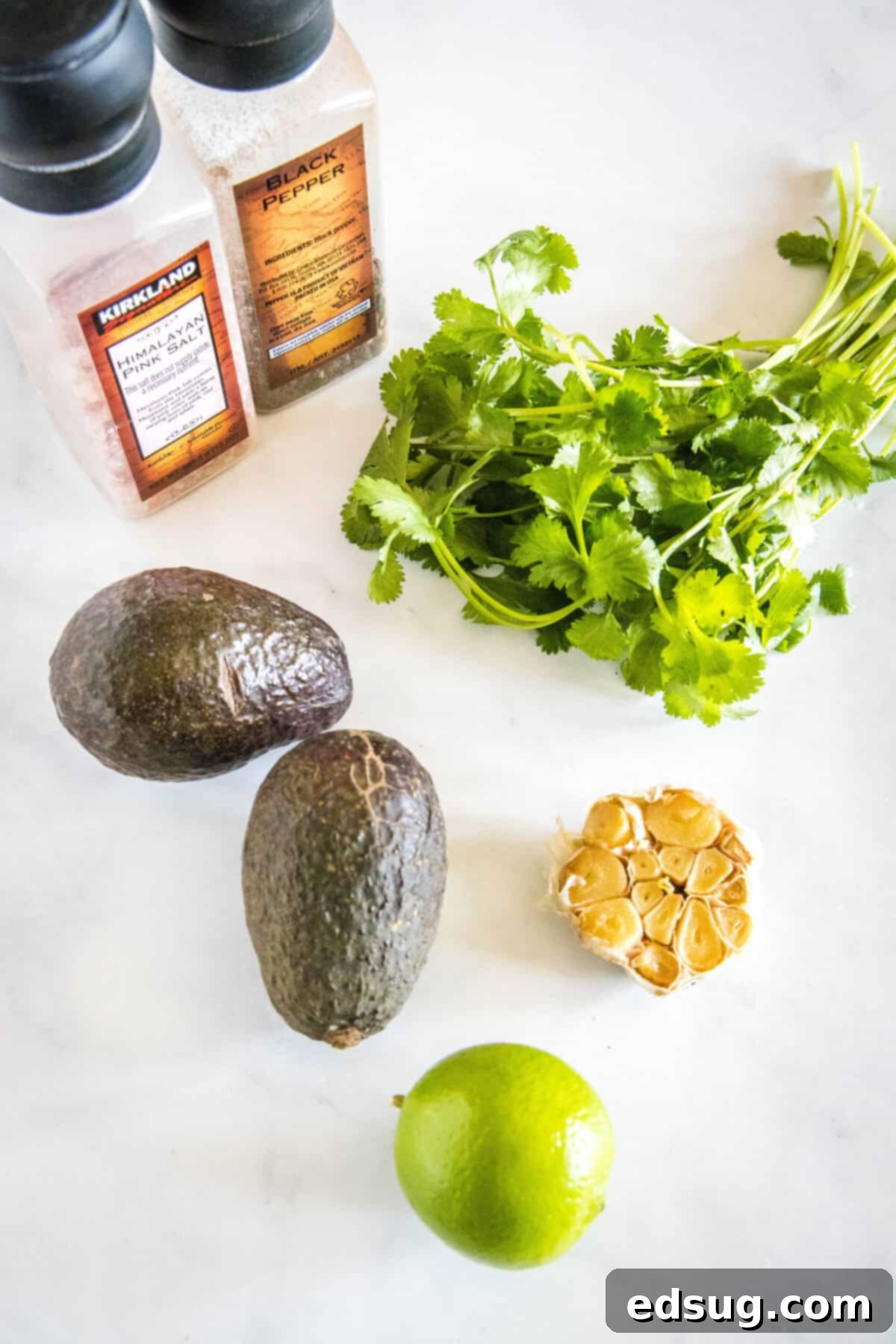 Smoky Garlic Guac Perfection 3 Individual fresh ingredients for roasted garlic guacamole laid out on a clean white plate, including ripe Hass avocados, fresh lime, vibrant cilantro, and a small bowl of golden roasted garlic cloves.