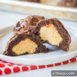 Decadent Chocolate Peanut Butter Truffle Cookies 7 close up peanut butter stuffed cookie on a plate with chocolate drizzle