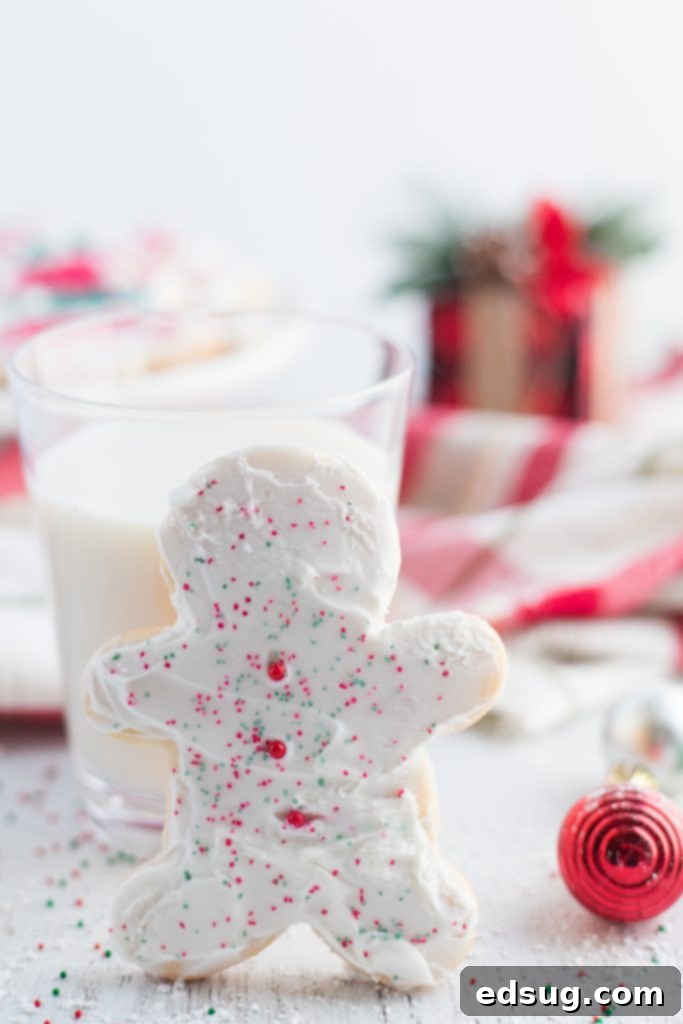 Sugar Cookie Delights 3 A beautifully frosted sugar cookie with sprinkles next to a glass of cold milk.