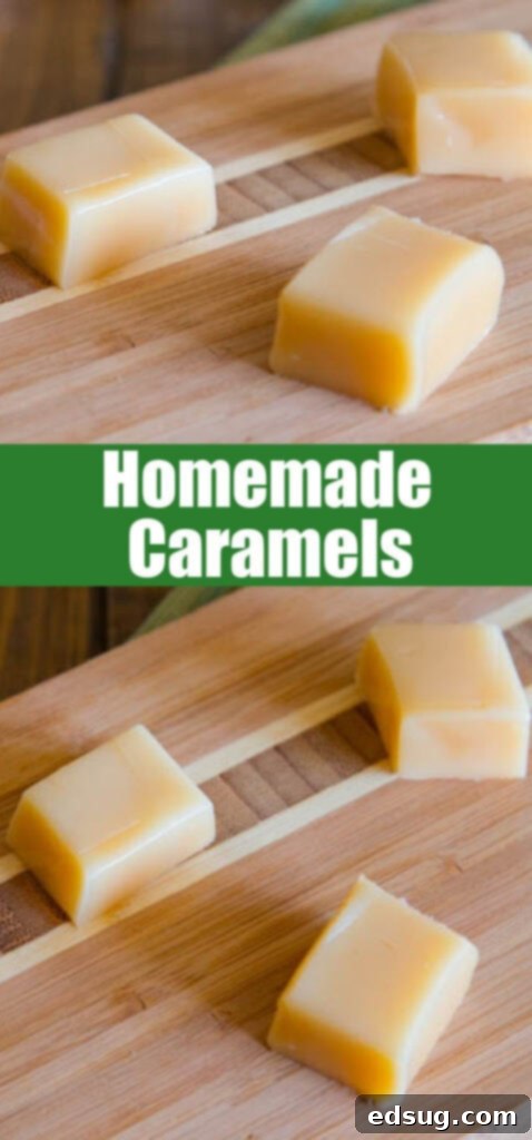 Buttery Soft Homemade Caramels 2 Close-up of beautifully cut homemade caramels on a wooden cutting board, ready for wrapping.