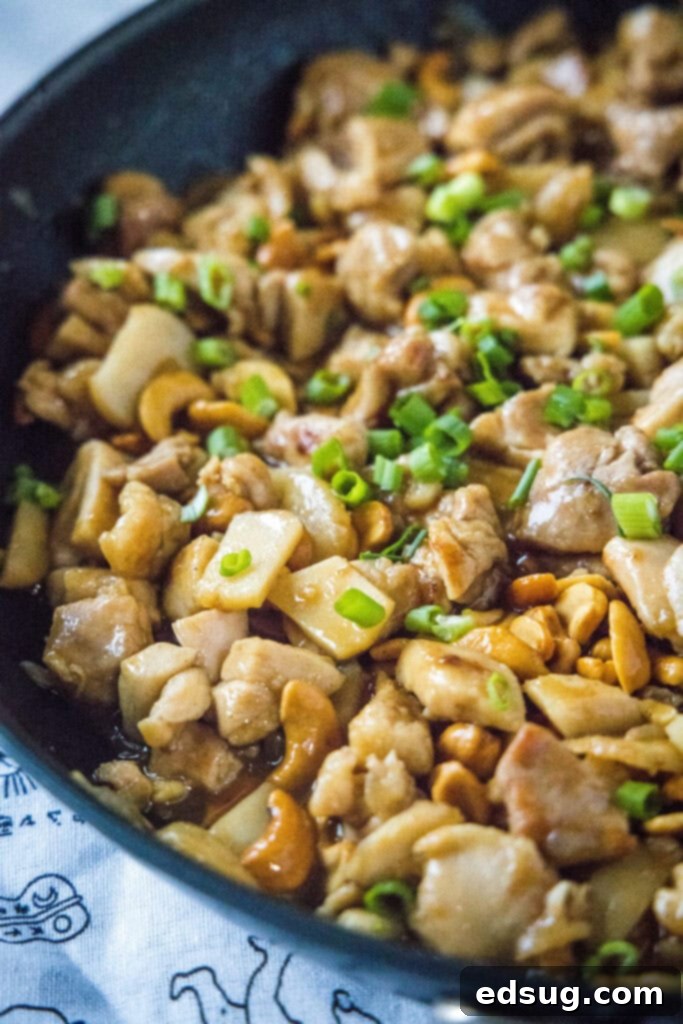 Savory Cashew Chicken Stir-Fry 2 cashew chicken stir fry in a skillet, sizzling and ready to serve