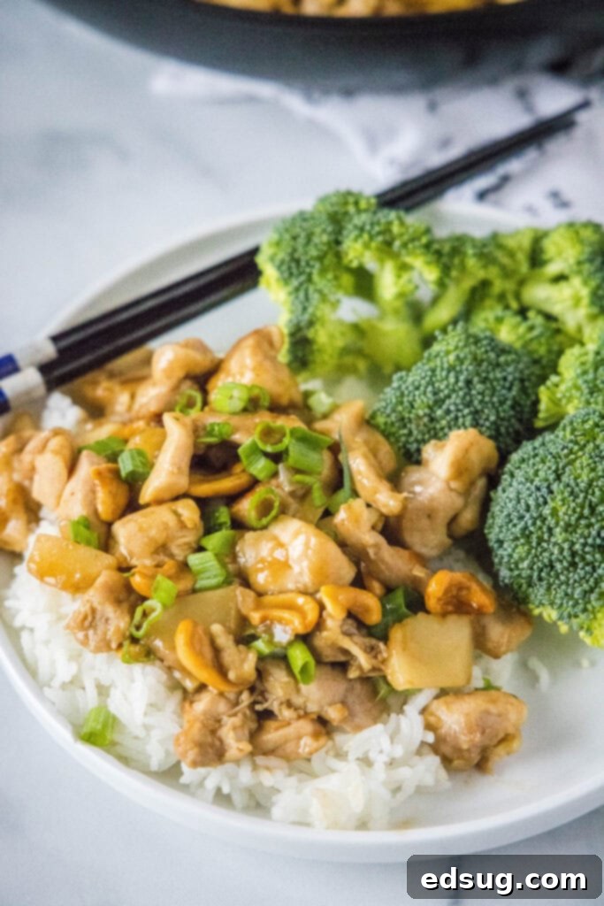 Savory Cashew Chicken Stir-Fry 5 cashew chicken over steamed white rice with a side of broccoli on a white plate
