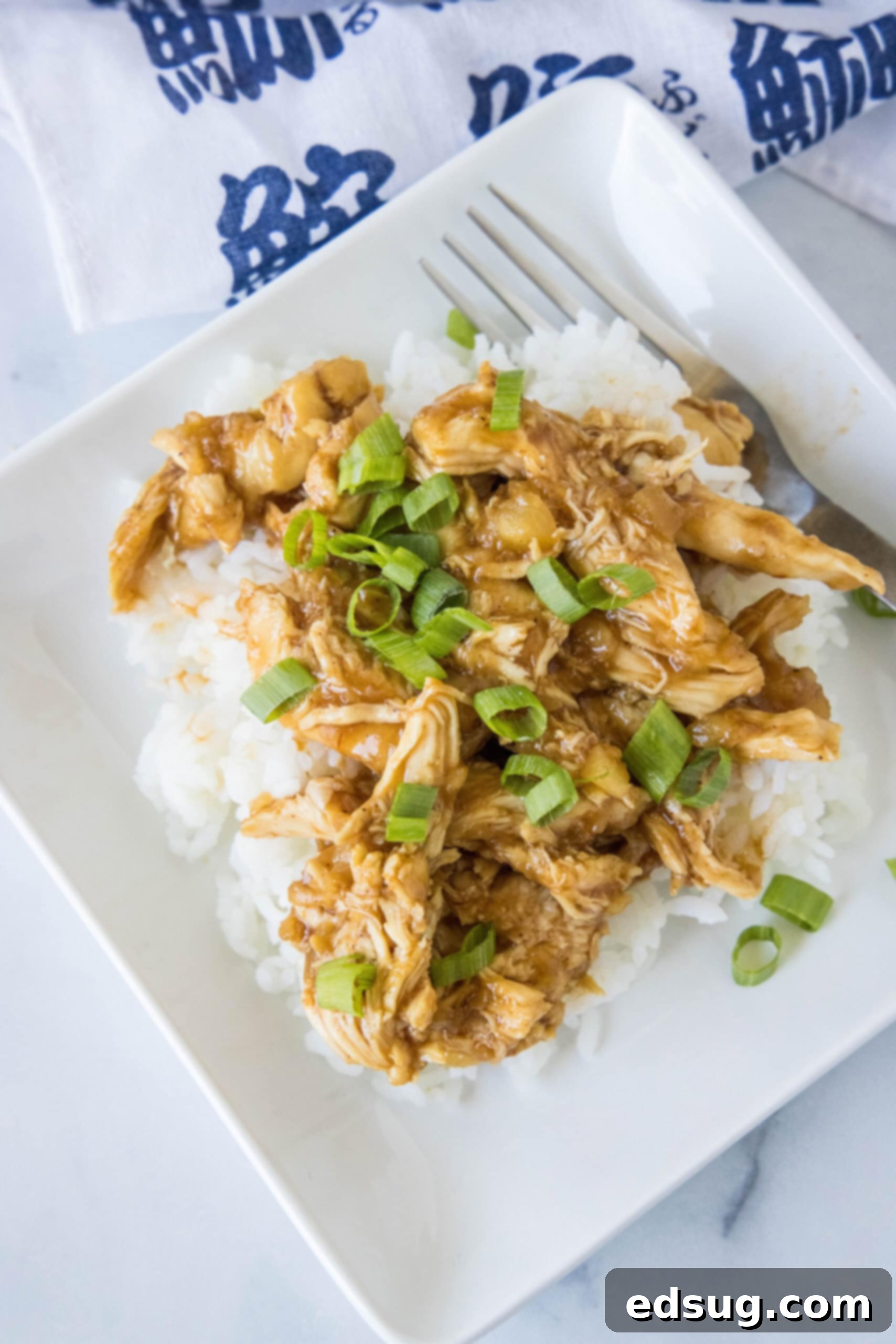 An inviting overhead view of slow cooker Hawaiian chicken generously portioned over a bowl of steaming rice, ready to eat.