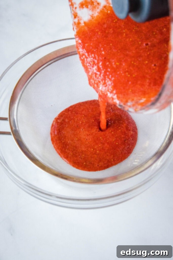 A close-up shot of vibrant red strawberry puree being poured through a fine-mesh strainer into a glass pitcher, separating the liquid from the seeds for a smooth agua fresca.