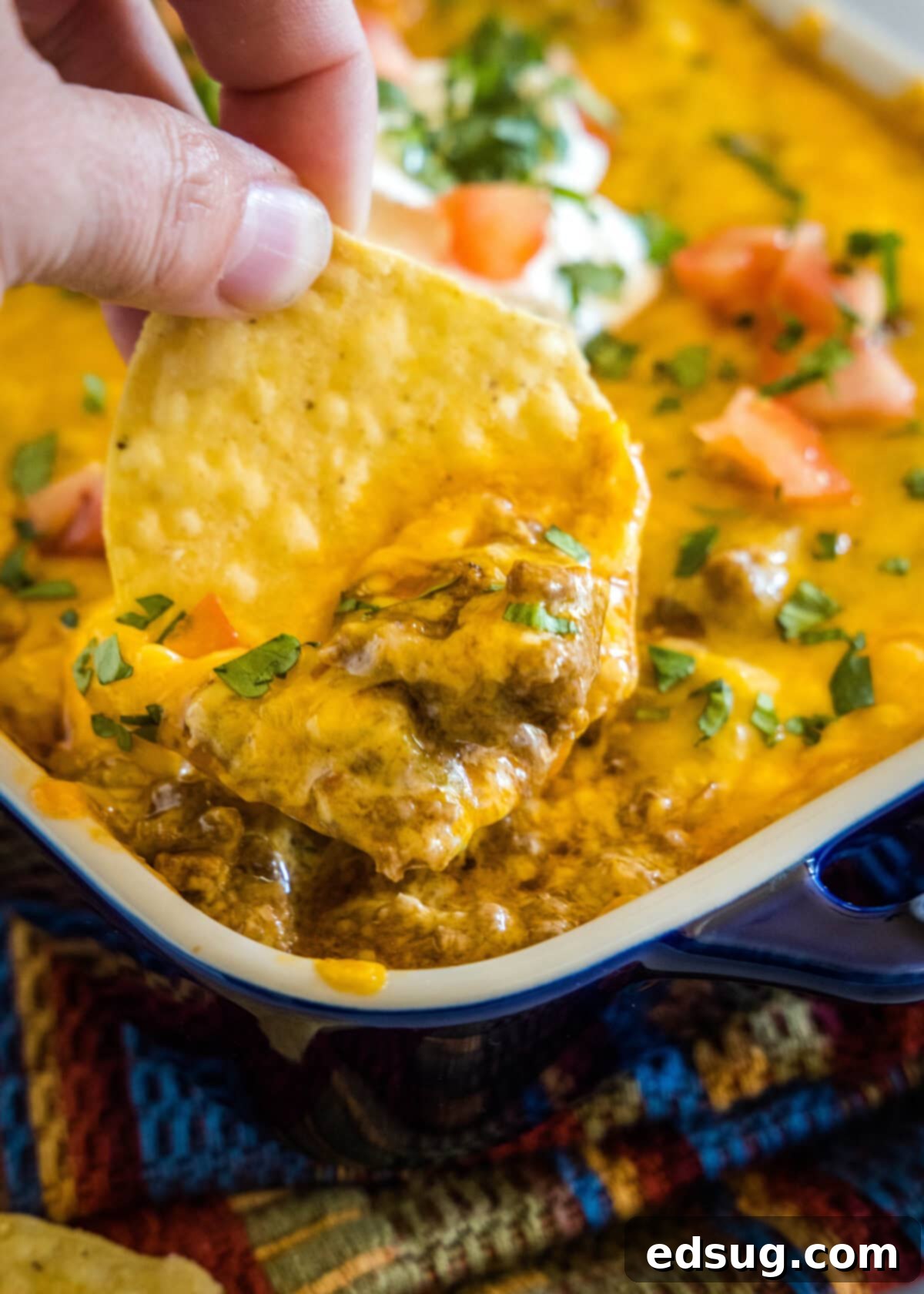 scooping enchilada dip out of baking dish with a tortilla chip
