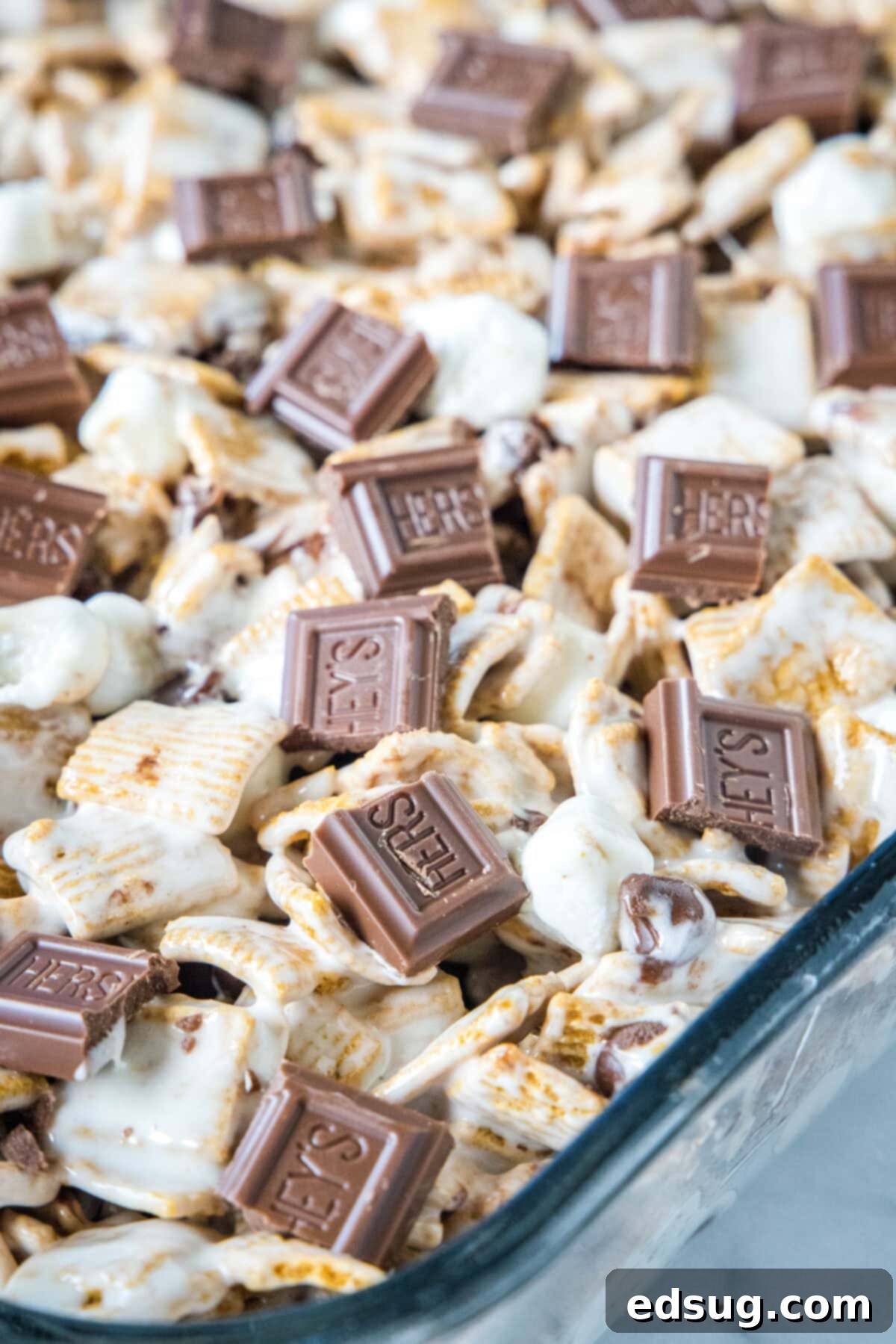 Campfire S'mores Krispie Treats 4 S'mores krispie treats in a baking dish