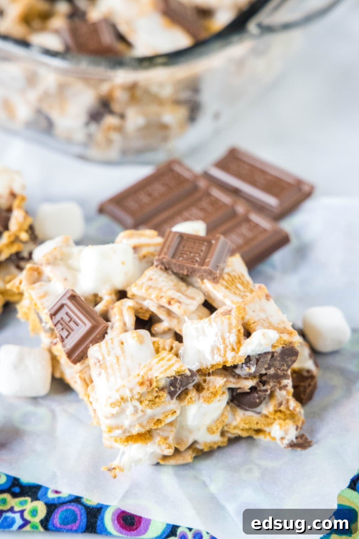 Campfire S'mores Krispie Treats 6 s'mores krispie treats sliced on counter