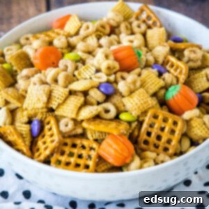 close up serving bowl with pumpkin spice snack mix