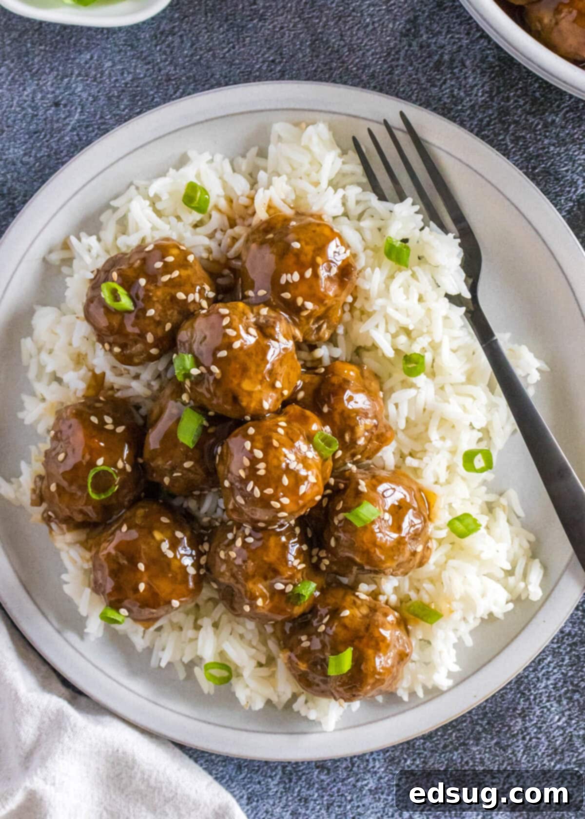 looking down on a plate of korean meatballs and rice