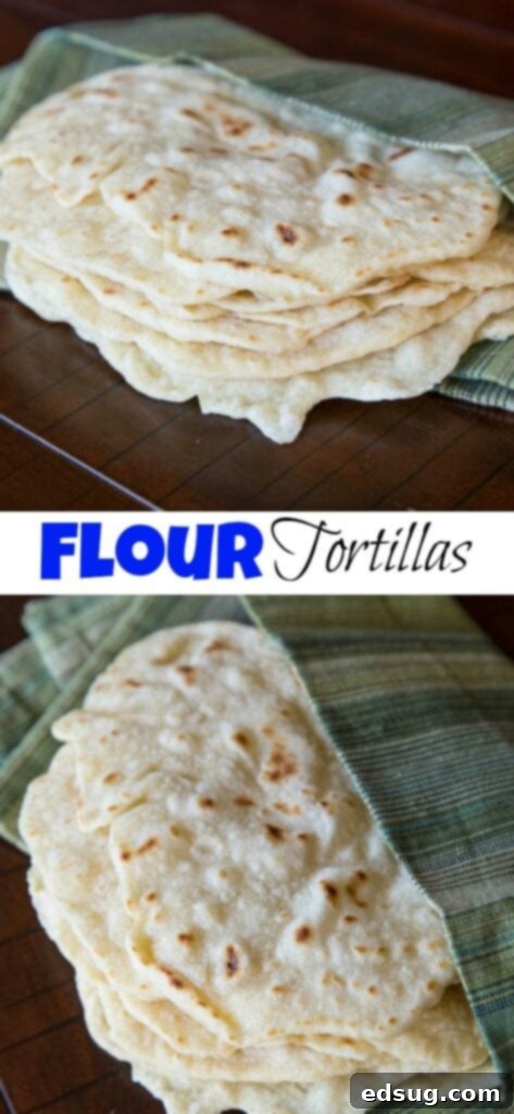 Soft Homemade Flour Tortillas 4 Close-up of a stack of fresh, homemade flour tortillas, highlighting the soft, pliable texture.