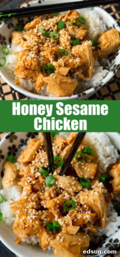 close up honey sesame chicken in a bowl over white rice