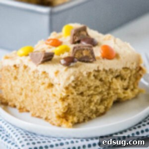 A slice of peanut butter cake topped with peanut butter frosting and chopped Reese's peanut butter cups on a plate.