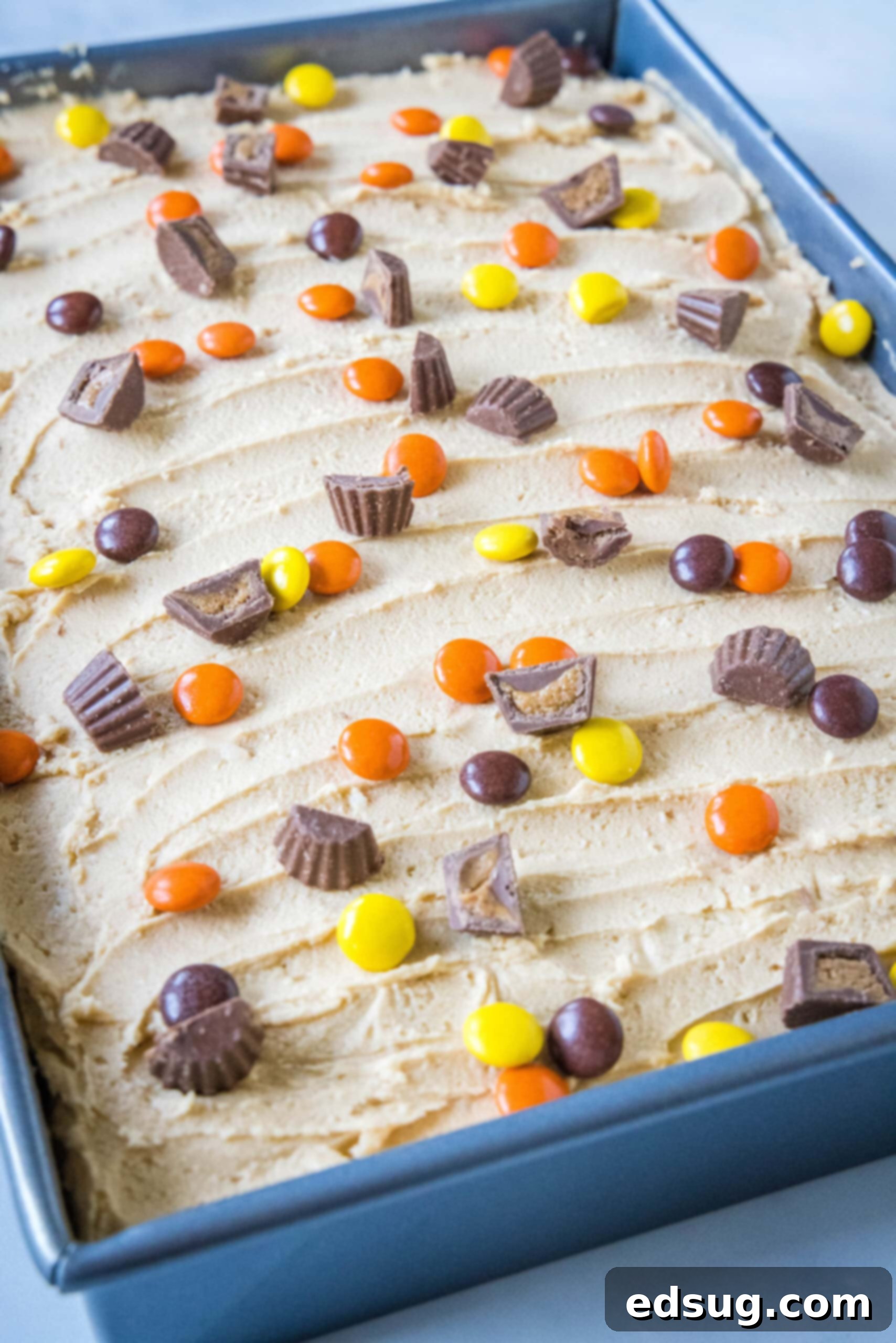 A beautifully frosted peanut butter sheet cake, adorned with a vibrant scattering of Reese's pieces and finely chopped peanut butter cups, presented in its baking pan.