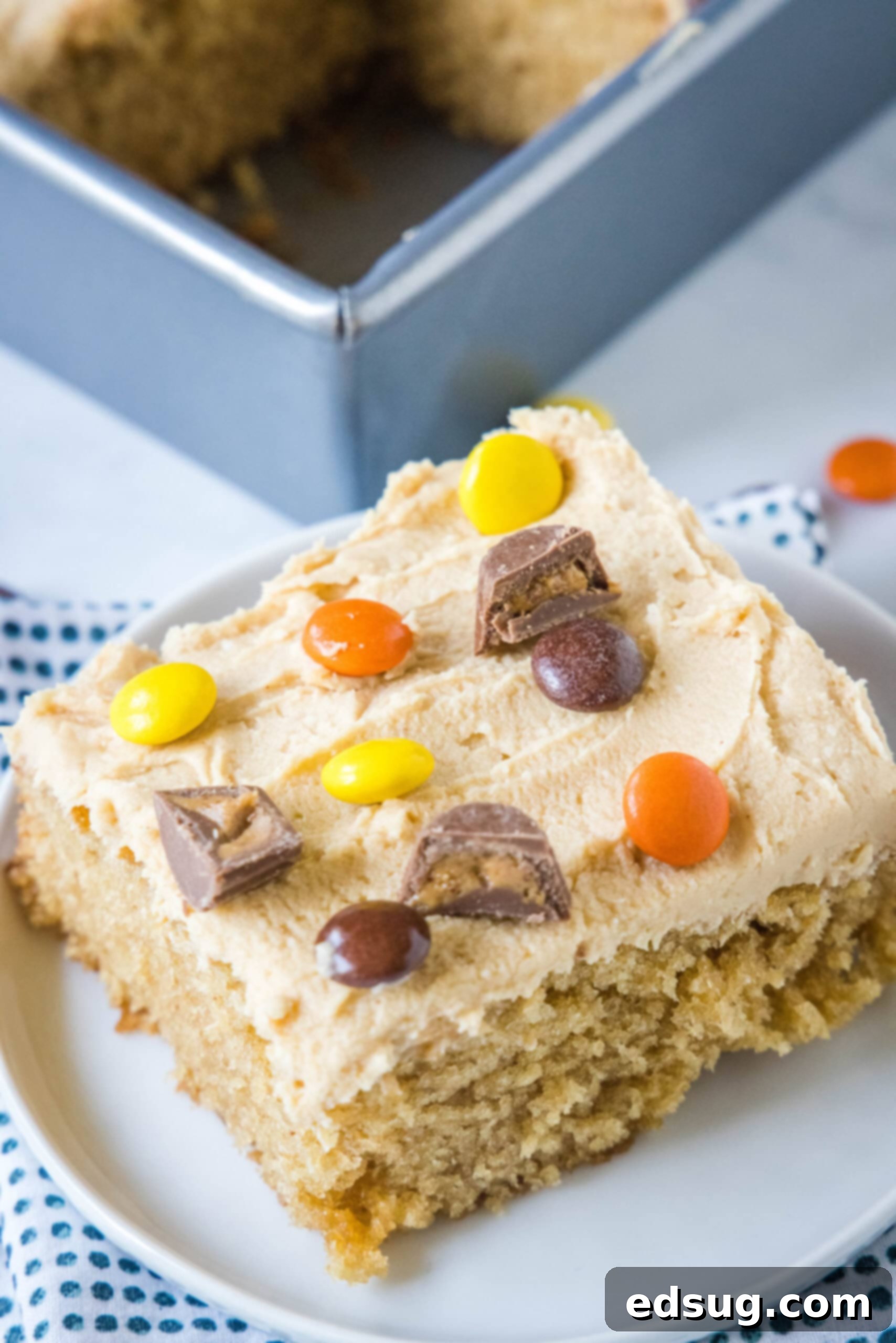 A perfectly portioned slice of moist peanut butter cake, adorned with creamy peanut butter frosting and topped with colorful chopped Reese's peanut butter cups, resting on a white plate, ready to be savored.