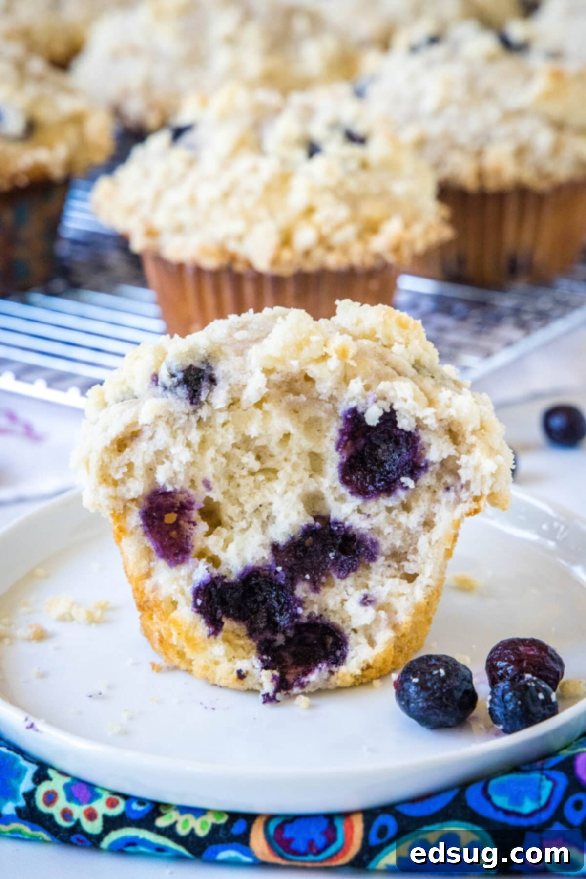 A half-eaten bakery-style blueberry muffin on a white plate, showing its moist, tender interior filled with blueberries.