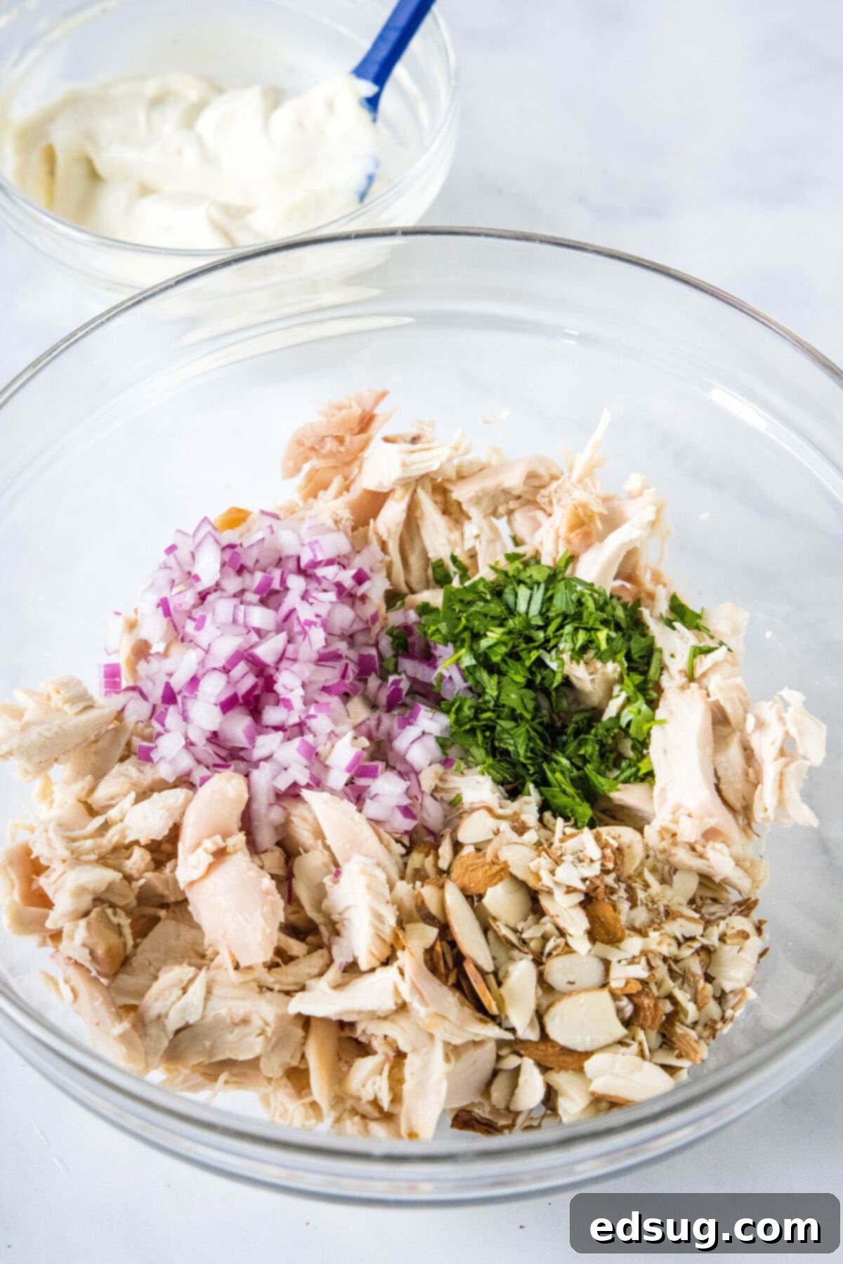Shredded chicken, red onion, parsley, and almonds in a bowl, ready to be mixed with the creamy Greek yogurt dressing.