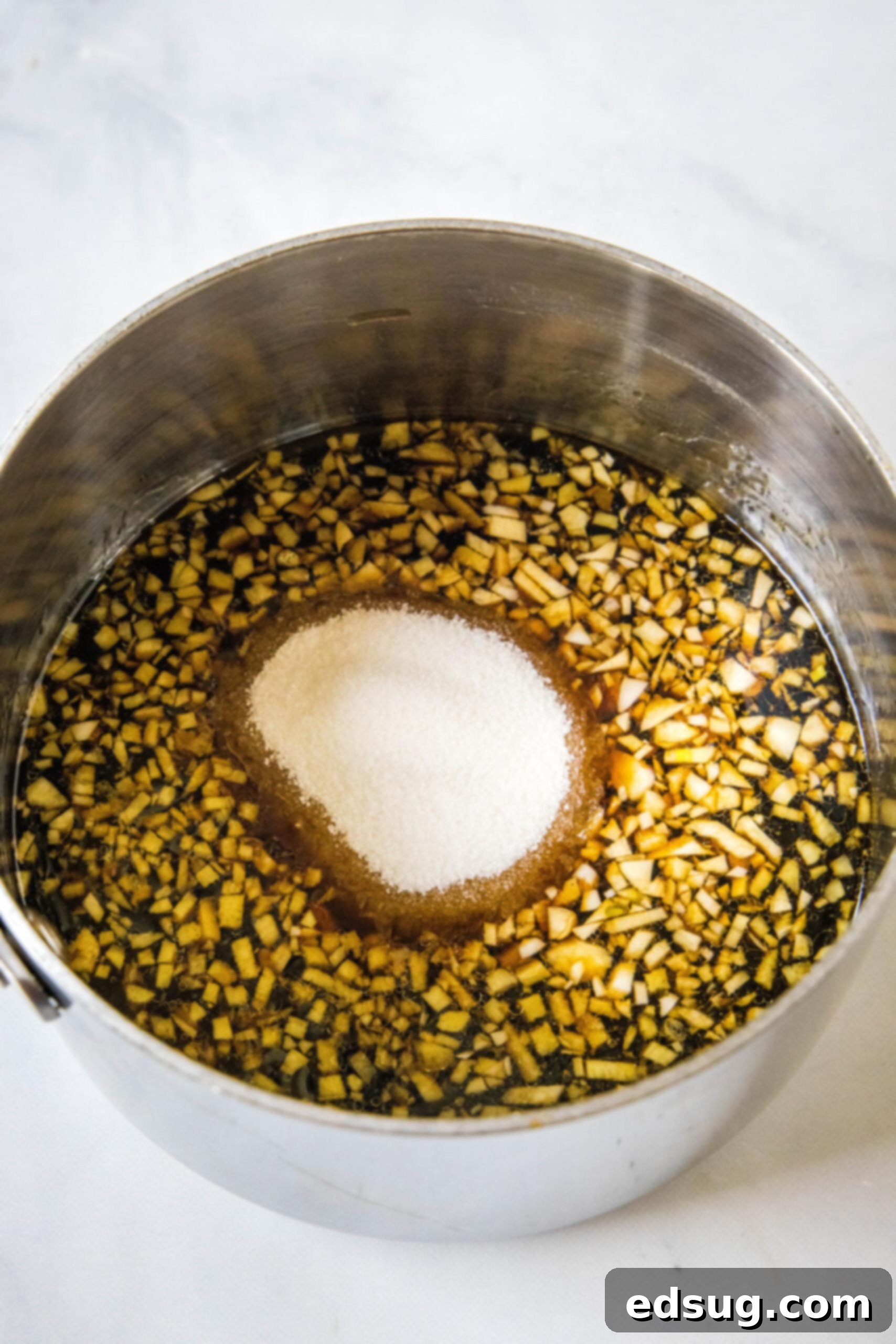 Teriyaki sauce ingredients combined in a large saucepan.